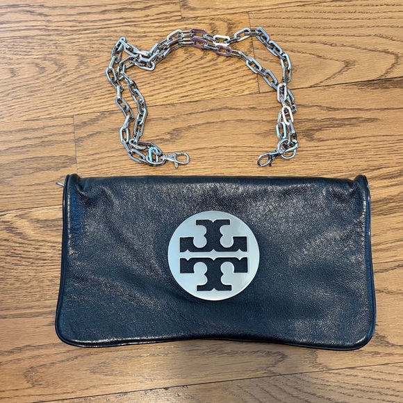 Tory Burch Black Leather Wristlet with Silver Logo Medallion - Picture 6 of 7